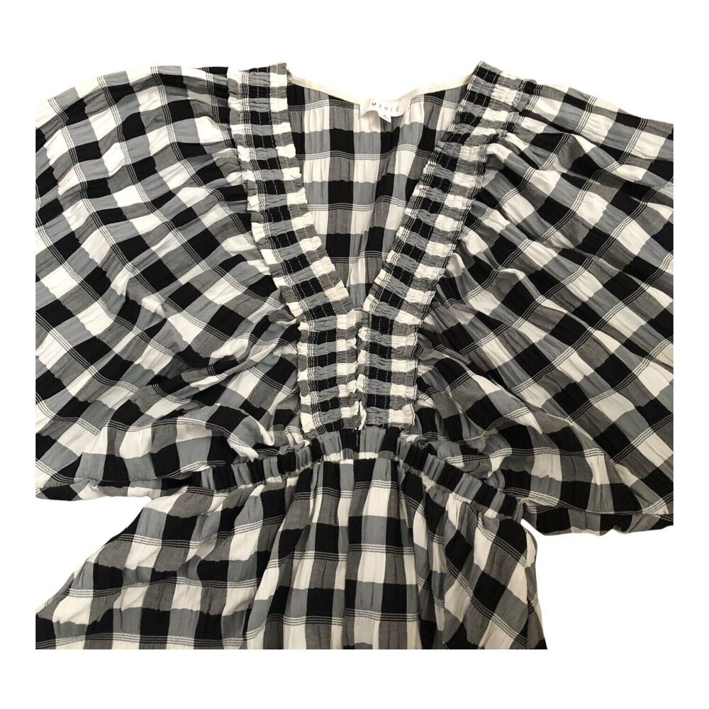 Maple Womens V Neck Gingam Checkered Puff Sleeve Beach Romper‎ Size Sz Med - Picture 7 of 12
